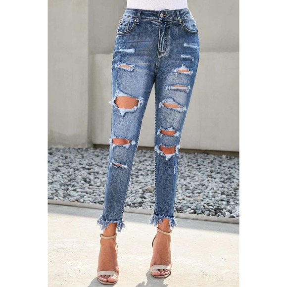 Distressed Frayed Hem Cropped Jeans - Picture 1 of 10